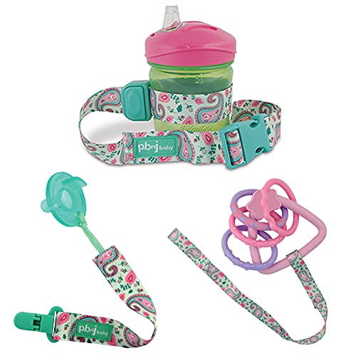Stop The Dropsy 3-in-1 Pack for Sippy Cup, Pacifier, Toys (Green Paisely)