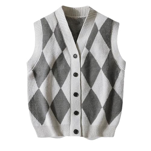 Men's Plaid Sweater Vest Sleeveless V-Neck Button Office Knitted Vest Fit Cardigan Tank Tops