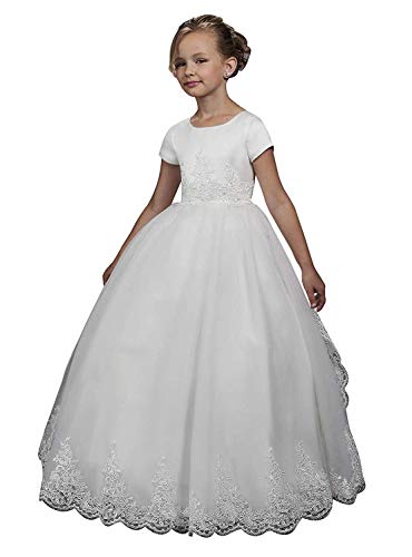 GZCYL White Short Sleeves Holy Communion Ball Gowns Princess Flower Girl Dress with Train Lace