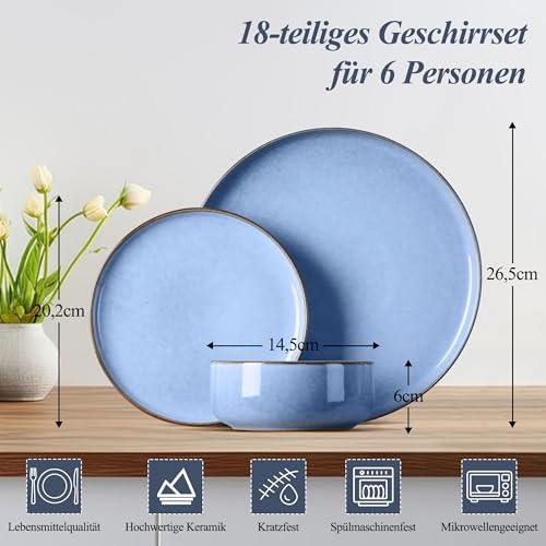 Joyfair Geschirrset 6 Personen, 18-tlg Steinzeug Tafelservice Set, Kratzfest Reaktive Glasur Geschirr Set mit Speiseteller, Dessertteller, Müslischalen, Mikrowellen- & Spülmaschinenfest, Ozean Blau
