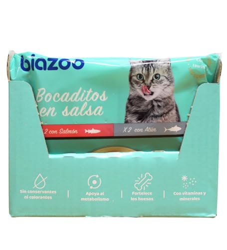 Biazoo- Pack 12 Unidades Comida húmeda para Gatos- Bocaditos salmón y atún 4 Pouches x 100 gr