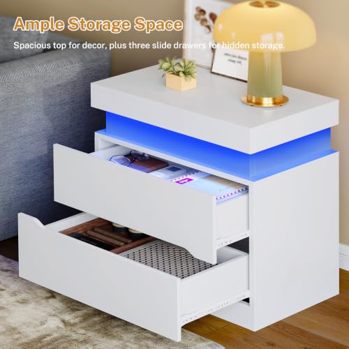 Image of TEENFON Nightstands Set of 2, Night Stand with Sliding Top, Nightstand with App-Controlled Adjustable LED Lights, Bedside Table with 2 Drawers, Modern Nightstands for Bedroom,White