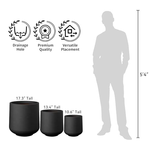 Image of Kante Small Round Curved Black Concrete Planter 9.4 inch Dia, Outdoor | Rubber Plug for Indoor, Drainage for Garden, All-Weather Cement Flower Pot, Handcrafted, Anti-Frost & UV, Modern Home Decor