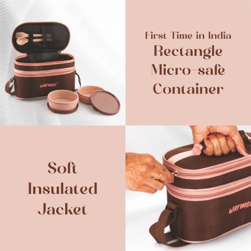 Image of WARMEO Micro Meal Microwave Safe Lunch Box | 1 Rectangular Container 600ml + 2 Round Containers 350ml Each + 2 Round Container 250ml Each + 1 Spoon + 1 Fork,Stylish Durable Jacket,Office,School,Brown