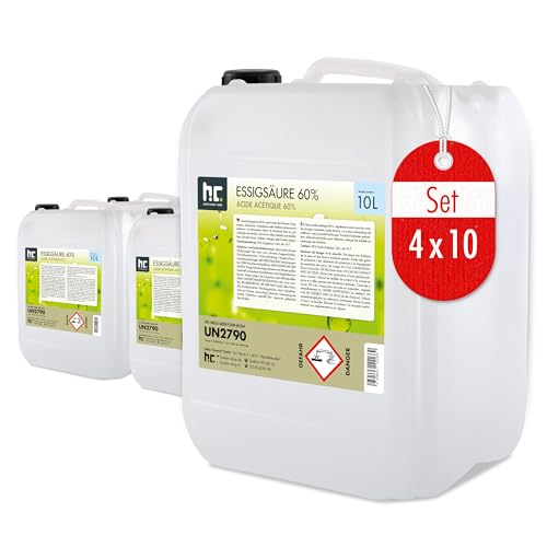 Höfer Chemie Acide Acétique 60% 4 x 10 L - Nettoyant Détartrant Puissant pour Ménage et Industrie, Fabrication Allemande de Qualité Supérieure, Biodégradable et...