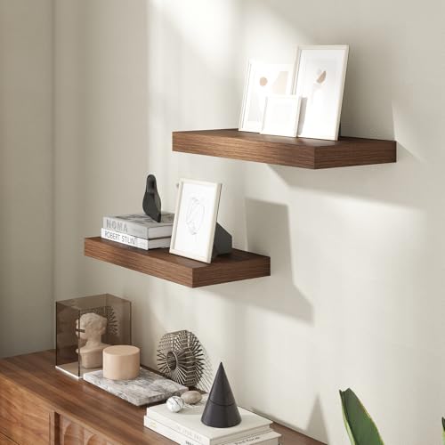 Image of 20 Inch Floating Shelves for Wall, 8 Inch Deep Floating Shelf for Storage & Display, Rustic Wall Mounted Shelf with Invisible Brackets for Living Room, Kitchen, Bathroom, Home Decor, Set of 2, Walnut