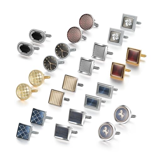 wynameleri Cufflink 12 Pairs, Classic Fashion Men's Cuff Links Silver-Tone Gold-Tone Black for Business Wedding Party Gift Box