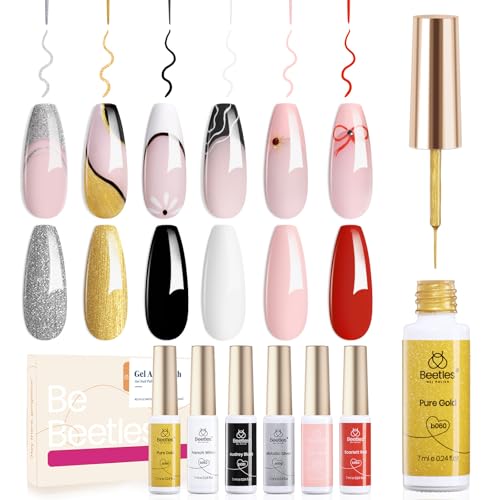 Image of Beetles Gel Liner Nail Polish 6 Pcs White French Tip Liner Pink Black Red Glitters Gold Silver Painted Swirl Gel Polish Set Built in Thin Brush Soak off Uv Led Lamp Nail Art Gifts for Women