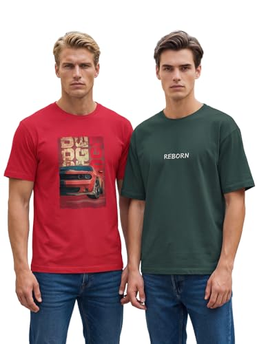 Image of BULLMER Trendy Front and Back Printed Oversized Round Neck T-Shirt for Men - Pack of 2