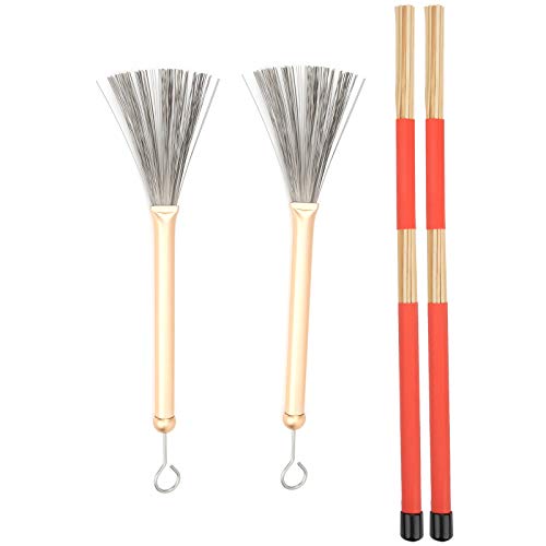 Drum Stick Brush Set, Jazz Retractable Metal Wire 19 Beam Rod Plush Bag Percussion Accessories (golden drum brush)