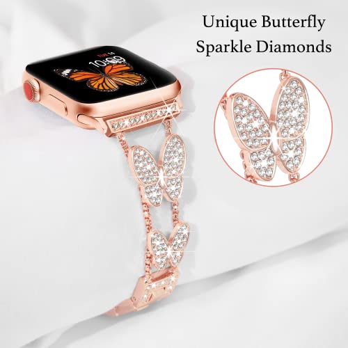 Image of Butterfly Band for Apple Watch Bands 44mm 45mm 46mm Rose Gold | Series 11 10 9 8 7 6 5 4 3 iWatch SE Ultra Band for Women, Slim Thin Metal Fancy Bling Cute Dressy Strap for Apple Watch Band