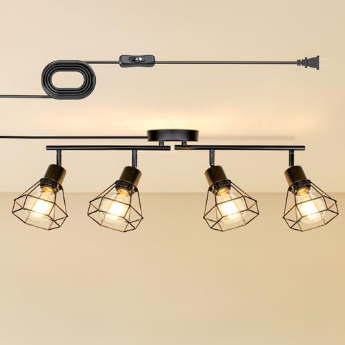 4-Light Plug in Track Lighting with Power Cord, Plug in Ceiling Light with ON/Off Switch, LED Spotlight for Kitchen, Living Room, Artwork, E26 Base (Bulbs Not Included)