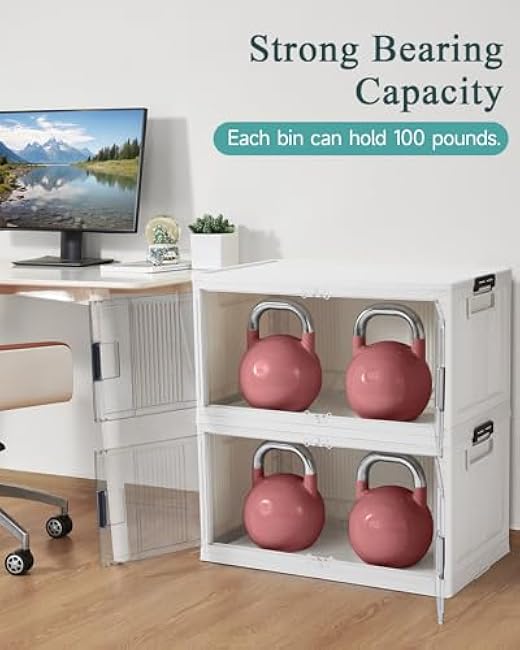 OlarHike 97QT Stackable Storage Bins with Lids - Folding Storage Box with Doors and Wheels, Collapsible Plastic Storage Drawers for Closets, 4 Pack Cubes