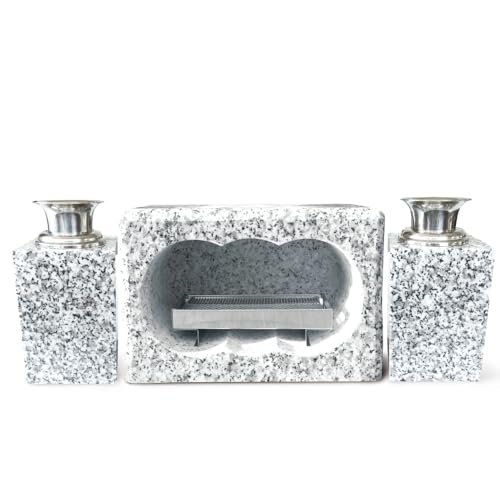 【お墓用】花立S-W39 ミニ香炉セット お墓用 高級白御影石の花立とステンレス製 花筒 1対(2本)+ミニ香炉(線香皿付き)【工事不要】置くだけで簡単設置