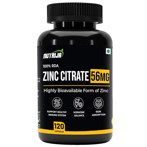 Image of NutriJa Zinc Citrate 56mg (17mg Elemental Zinc) with Vitamin C 40mg | Immune Support, Skin & Hair Health | 120 Veg Capsules