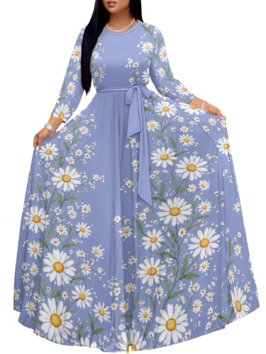 Image of Women Plus Size Long Sleeve V Neck Maxi Dress with Belt | Soft fabric relaxed fit three quarter sleeve v neck with pockets for party and daily wear