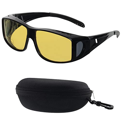 BEZZEE PRO Gafas de Sol Polarizadas Amarillas para Usar Sobre Gafas Graduadas - Gafas Sol Superpuestas con Estuche - Protección UVA 400 - Antirreflejos, Polarizada - Pesca y Golf - Hombres y Mujeres