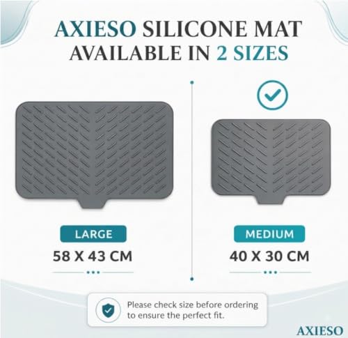 Image of AXIESO Silicone Dish Drying Mat for Kitchen - Built-in Drain Lip | Hygienic Drying Pad - Sturdy Compact Easy to Clean Tray Protects Surfaces Prevents Water Build Up - 40 X 30 Cm (Grey)