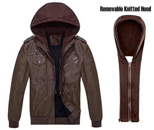 CARWORNIC Men's Faux Leather Jacket Casual Brown Motorcycle Jacket with Removable Hood4
