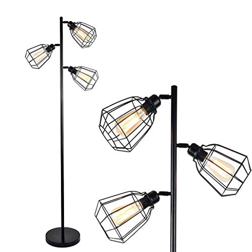 Lampadaires Arbre piste Lampadaires Lampadaire, 3 têtes Torchère Fixture, 3 Lumière noire en métal Abat, rustique Lampadaire style industriel Lampadaires (Color : Black)