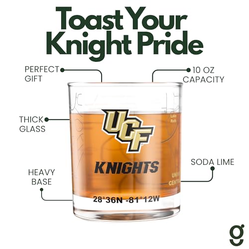 Image of Greenline Goods University of Central Florida Knights Whiskey Glasses Set of 2, 10 oz Rocks Glasses with Full-Color Logo & Campus Map - Officially Licensed Bourbon Glass Gift for Alumni & Fans