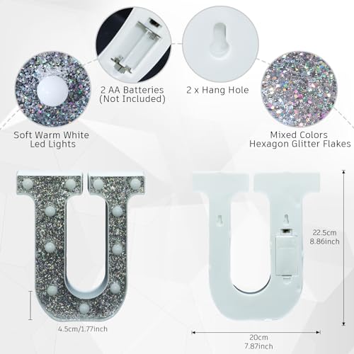Image of Light Up Letters, Marquee Light Letter for Table Decorations, Glitter Light Up Signs for Prom, Events, or Engagement Party Decor, Featuring Alphabet & Number Lighted Letters, Letter U