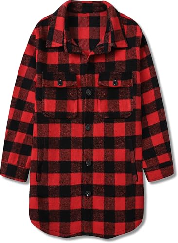 Image of SANGTREE Women and Girls Oversized Flannel Plaid Shirt Mid-Length Casual Button Down Shirt with Pockets