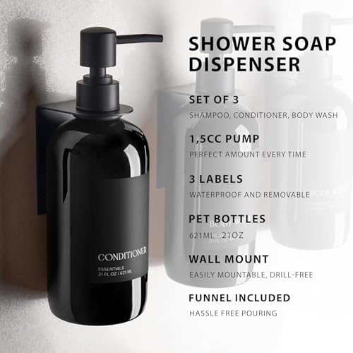 Image of TEKCOOL Refillable Shampoo and Conditioner Dispenser Shower Soap Dispenser Wall Mounted Black Metal Organiser Plastic Bottles Black Pump Shampoo Dispenser, Shower Dispenser Chamber 500ML Bottle (3pc);