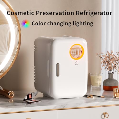 Image of Mini Fridge for Bedroom, 4L /6 Cans Small Cosmetic Fridge for Skincare, Makeup & Drink, With LED Light Mirror, Portable Desk Fridge Cooler and Warmer for Kids, Car, Office, Dorm, White