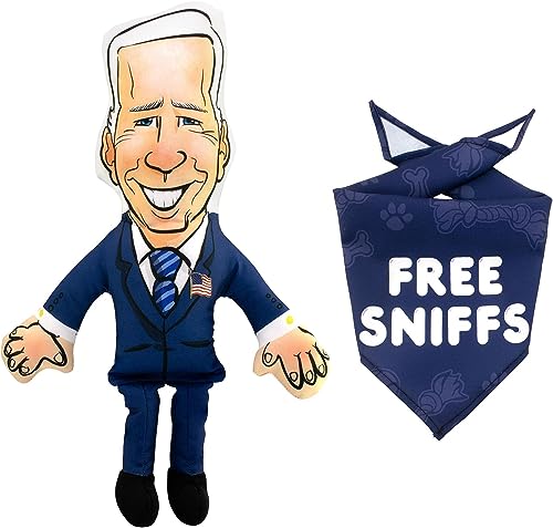 Political Satire Bite a Biden Dog Toy and Dog Bandana - Durable Stuffed Squeaky Dog Chew Toy - Canvas and Cotton Humorous Political Dog Toy