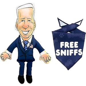 Political Satire Bite a Biden Dog Toy and Dog Bandana – Durable Stuffed Squeaky Dog Chew Toy – Canvas and Cotton Humorous Political Dog Toy