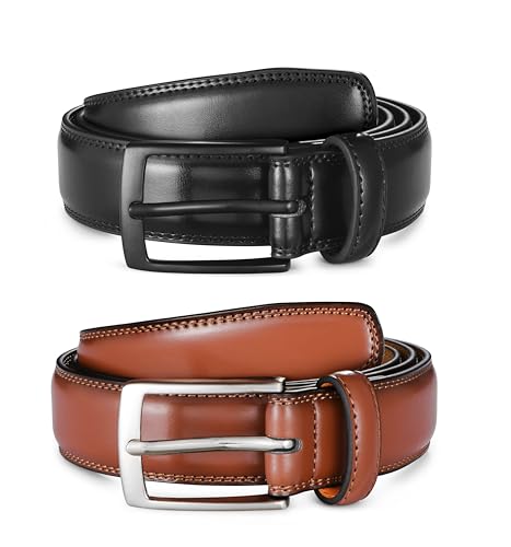 Image of MILORDE Men's Leather Dress Belt 2Pack, Handmade, Genuine Leather, Fashion & Classic Designs for Work Business and Casual