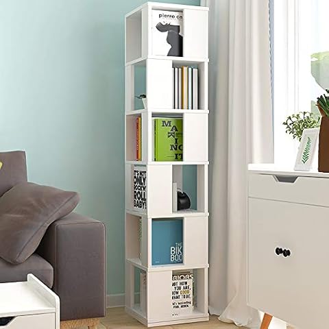 Ansley&HosHo 6 Tier Wooden Bookcase Corner Tall Book Shelf Modern 360° Rotating Storage Display Rack Floor Standing Shelves with Open Design Shelving Unit for Home Office Living Room Study (White) Cover