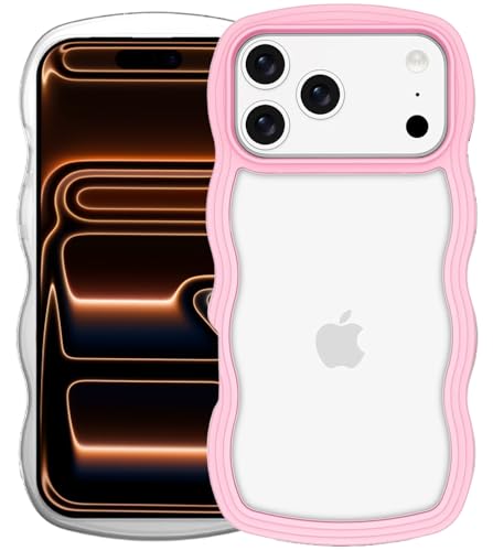 Image of GoldKart iPhone 17 Pro Max Case Wavy Edge Clear Back Design, Anti-Slip Grip Cute Wave Curly Frame Shape Shockproof Soft TPU & Hard PC Bumper Protective Phone Case Cover for Women Girls - Pink