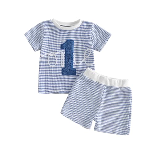 Image of Beauace Baby Boy First Birthday Outfit One Embroidery Waffle Tops Short Sets 2 Piece Boys Summer Clothes 6 12 18 Months (Blue, 12-18 Months)