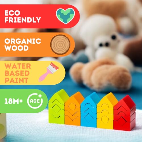 Image of CUBIKA Wooden Construction Tower Set - 25-Piece Construction Play Set with Emotion Characters for Toddlers 2+- Montessori Toy for Creativity, Cognitive Development, and Emotion Recognition