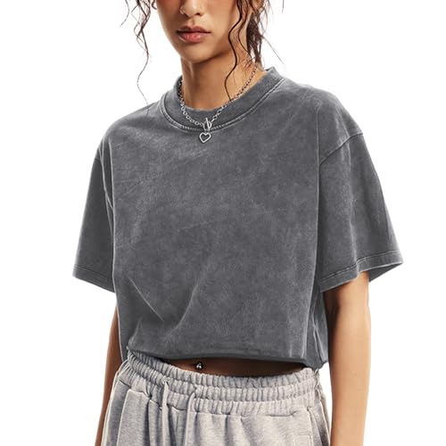 Talakeno Womens Oversized Vintage T Shirts Casual Cropped Tees Short Sleeve Cotton Acid Wash Tops Summer Grunge Shirts(Grey,M)