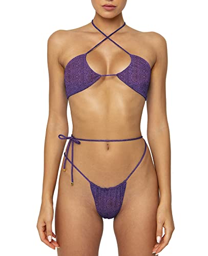 Conjunto de bikini descarado para mujer Halter Thong Color sólido ajustable Cinched String dos piezas brasileño traje de baño triángulo, Morado, Small