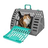 SportPet X-Large Hard-Sided Travel Cat Carrier - Cat Carrier with Patented Wide Side-Opening Door, Foldable Portable Pet Carrier for Cats & Small Pets up to 35lbs - Dark Gray/Teal
