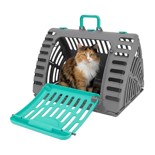 SportPet X-Large Hard-Sided Travel Cat Carrier - Cat Carrier with Patented Wide Side-Opening Door, Foldable Portable Pet Carrier for Cats & Small Pets up to 35lbs - Dark Gray/Teal