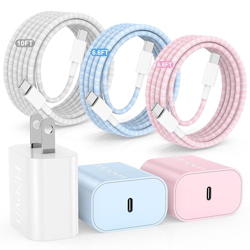Hzevn pour iPhone 16 Chargeurs charge rapide,paquet de 3 20W USB C Bloc chargeur avec 6,6/6,6/10pi de long USB C à USB C Câble pour iPhone 17/16/15 Pro Max/15 Pro/15 Plus