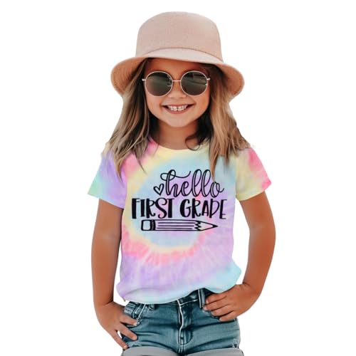 Image of KEKEMI Kid Girls First Day of School Shirt Hello Kindergarten First /Second /Third Grade Tshirt Back to School Tees Tops 4-10Y