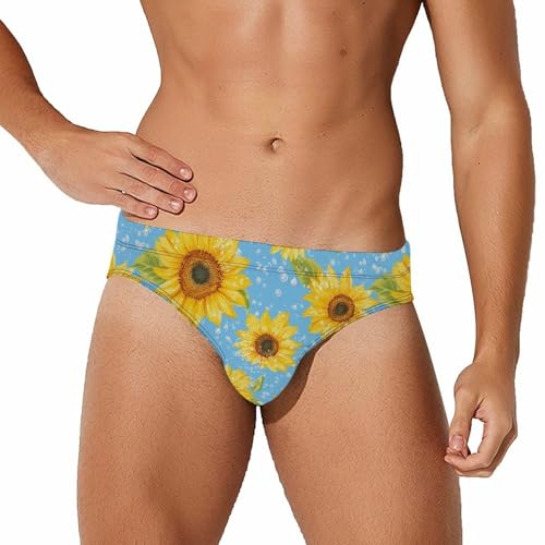 Sunflowers Blue Background Mens Swim Briefs Sexy Bikini Swimwear Bathing Suits Trunks