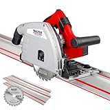 robust und präzise WALTER Tauchsäge 1200W, rot/schwarz, für Gehrungsschnitte bis 45°, Schnitttiefe bis 56 mm, inkl. Führungsschiene, kipp- und absenkbar