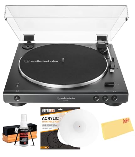 Audio-Technica AT-LP60XBT Fully Automatic Wireless Belt-Drive Turntable - Black Bundle with Slipmat, Cleaning Kit, and Austin Bazaar Polishing Cloth