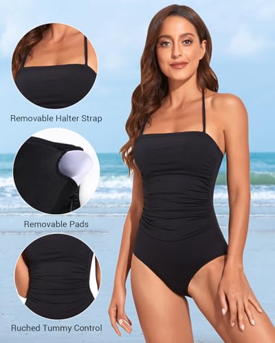 Holipick Women Tummy Control One Piece Swimsuits Strapless Bandeau Bathing Suits Slimming Halter Swimwear2
