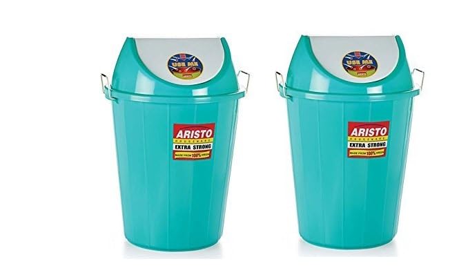 Image of ARISTO Swing Lid Garbage Waste Dustbin with Metal Side Handle 60 LTR (GREEN & GREEN) PACK OF 2