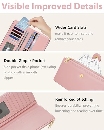 Image of Pink Women's Slim Wallet,Thin RFID Card Holder with Zipper Pocket | 12 Slot Wallet Organizer, Large Capacity, Vegan Leather, Coin Purse, Cash Compartment, Travel Wallet, Women Gift