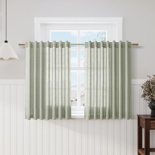 Image of Sage Green Kitchen Cafe Curtains 45 Inch Length 2 Panel Set Back Tab Rod Pocket Semi Sheer Light Filtering Short Curtain Farmhosue Small Curtains for Basement Window Bathroom Living Room 52x45