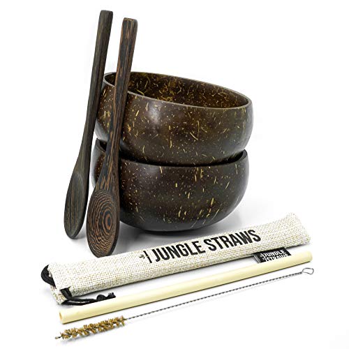 Jungle Cultureu00ae Paquete de 2 Tazones de Coco con Cucharas | Pajita de bambú, Bolsa y Cepillo de Limpieza | 100% Natural, Ecológico y Sostenible | Coconut Bowls | Eco Amigable y Hecho a Mano en Vietnam